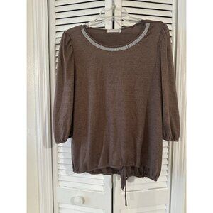 Retrology Women's Brown Sweater Top Silver Rhinestone Accents Sz XL tie front